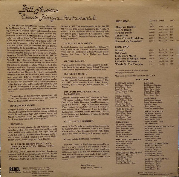 Bill Monroe : Classic Bluegrass Instrumentals (LP, Comp)