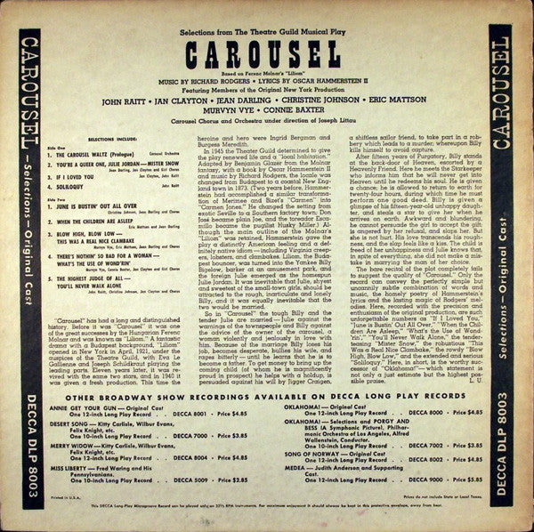 John Raitt - Jan Clayton - Jean Darling - Christine Johnson - Eric Mattson (2) - Murvyn Vye - Connie Baxter, Carousel Chorus And Orchestra : Carousel (LP, Album, Mono)