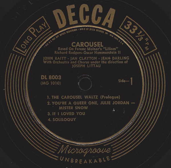 John Raitt - Jan Clayton - Jean Darling - Christine Johnson - Eric Mattson (2) - Murvyn Vye - Connie Baxter, Carousel Chorus And Orchestra : Carousel (LP, Album, Mono)