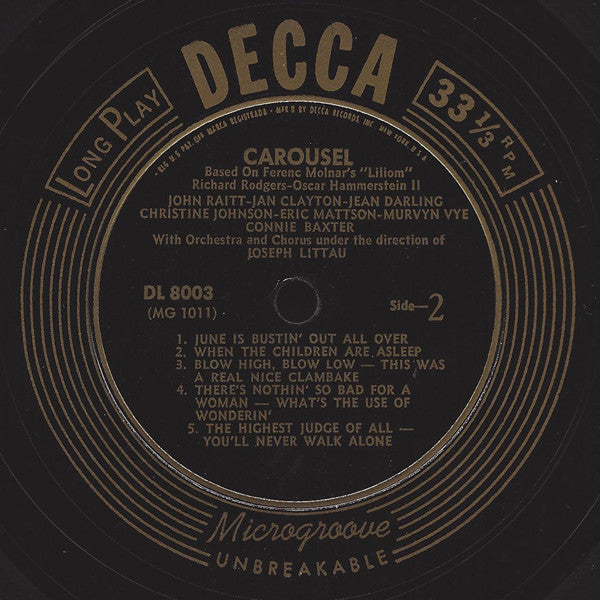 John Raitt - Jan Clayton - Jean Darling - Christine Johnson - Eric Mattson (2) - Murvyn Vye - Connie Baxter, Carousel Chorus And Orchestra : Carousel (LP, Album, Mono)