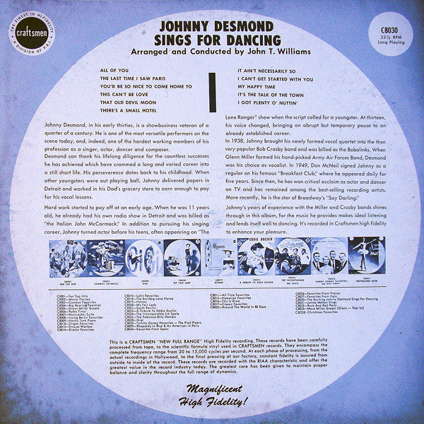Johnny Desmond : Sings For Dancing (LP, Mono)