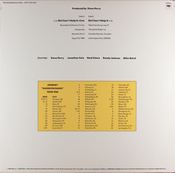 Journey : Girl Can't Help It (12", Ltd, Promo)