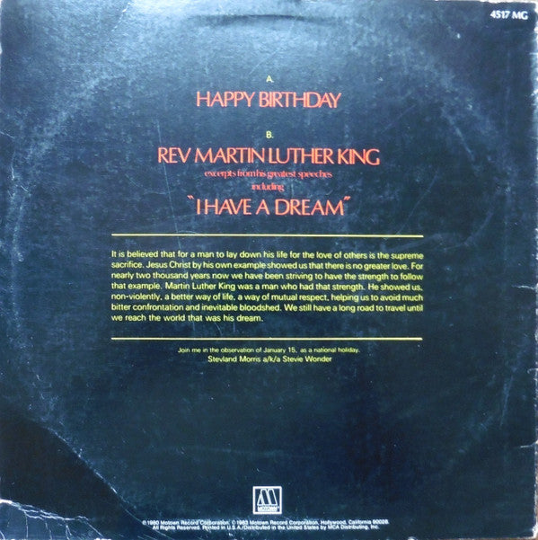 Stevie Wonder / Rev. Martin Luther King* : Happy Birthday / Greatest Excerpts From His Speeches (12", RE)
