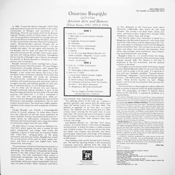 Ottorino Respighi /  The Los Angeles Chamber Orchestra, Neville Marriner* : Ancient Airs And Dances (Three Suites: 1917, 1923 & 1931) (LP, RE)