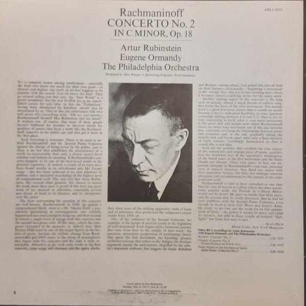 Rachmaninoff* by Artur Rubinstein* and Eugene Ormandy Conducts The Philadelphia Orchestra : Piano Concerto No. 2 (LP)