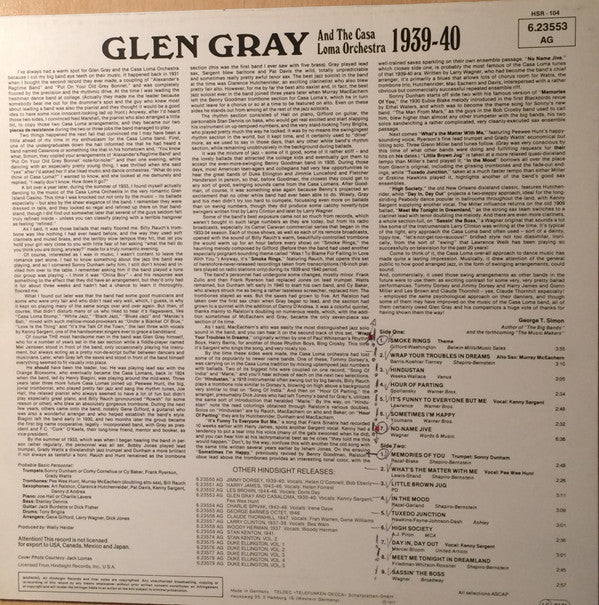 Glen Gray & The Casa Loma Orchestra : The Uncollected Glen Gray, 1939-1940 (LP, Album, Mono)
