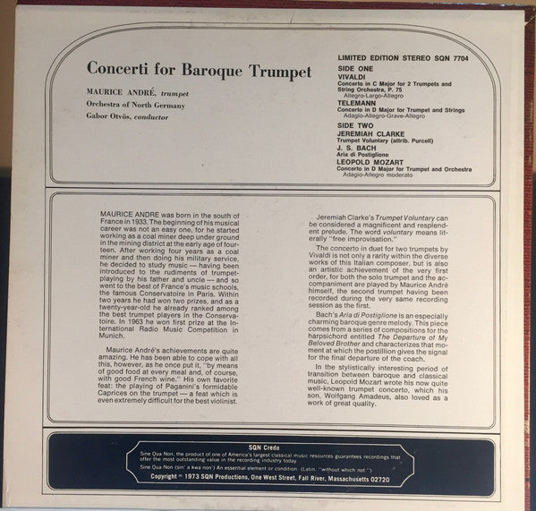 Maurice André, Antonio Vivaldi, Georg Philipp Telemann, Henry Purcell And Johann Sebastian Bach : Concerti For Baroque Trumpet (LP, Album, Ltd)