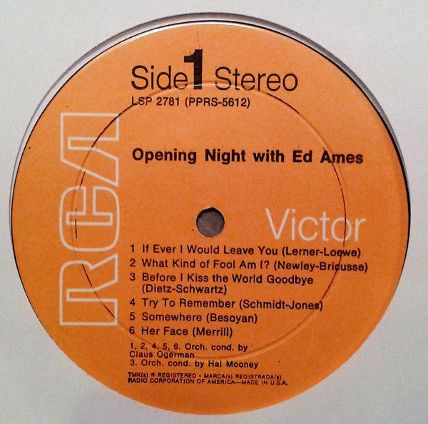 Ed Ames : Opening Night With Ed Ames (LP, Album, RE, Bro)