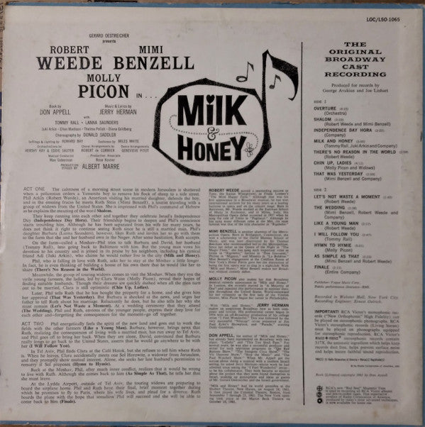 Robert Weede, Mimi Benzell, Molly Picon - Jerry Herman : Milk And Honey - The Original Broadway Cast Recording (LP, Album)