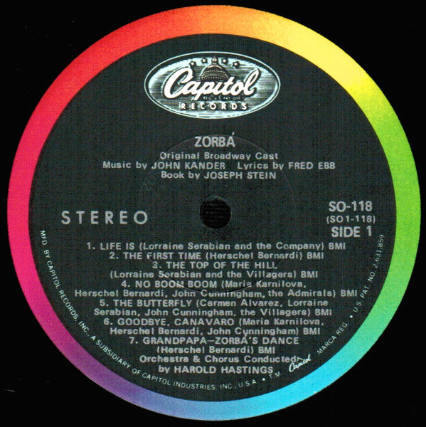John Kander, Fred Ebb - Herschel Bernardi, Maria Karnilova, John Cunningham (2), Carmen Alvarez, Lorraine Serabian : Zorbá (Original Broadway Cast) (LP, Album, Los)