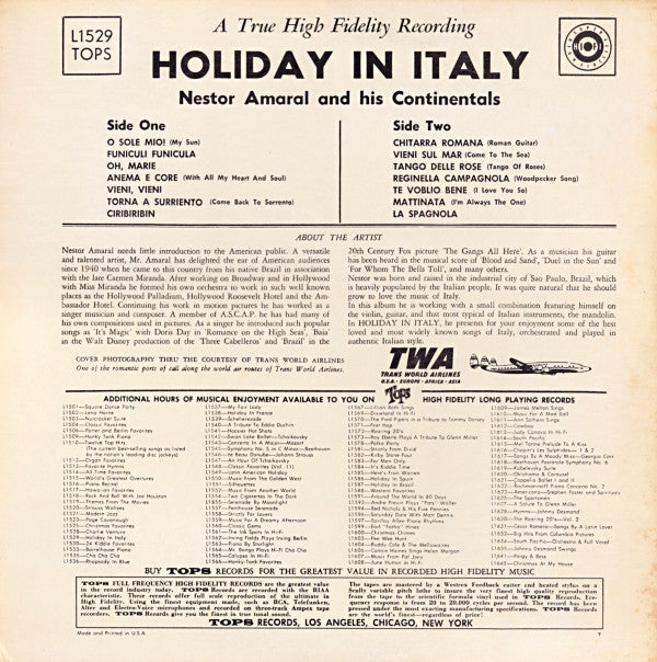 Nestor Amaral And His Continentals : Holiday In Italy (LP, Album, Mono)