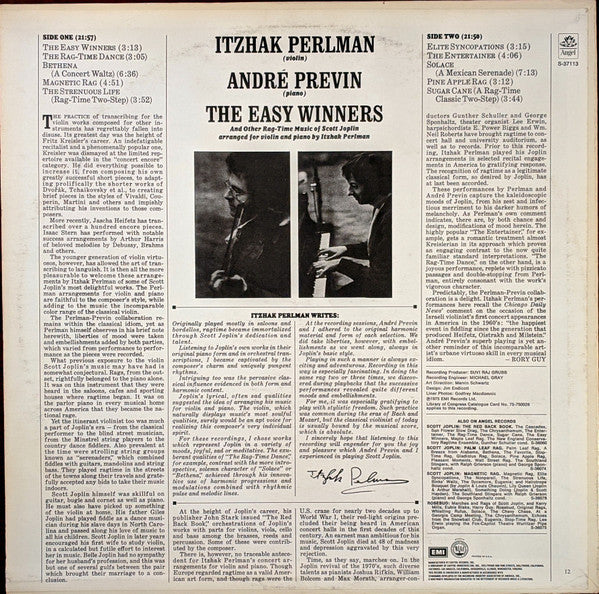 Itzhak Perlman, André Previn : The Easy Winners (And Other Rag-Time Music Of Scott Joplin) (LP, Win)