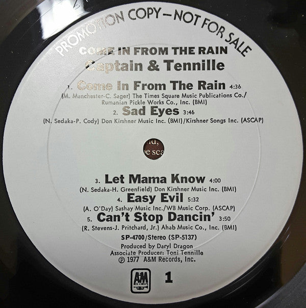 Captain And Tennille : Come In From The Rain (LP, Album, Promo, Mon)