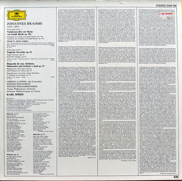 Karl Böhm  • Johannes Brahms, Christa Ludwig  • Wiener Philharmoniker = Vienna Philharmonic* : Haydn-Variationen • Tragische Ouvertüre • Alt-Rhapsodie (LP)