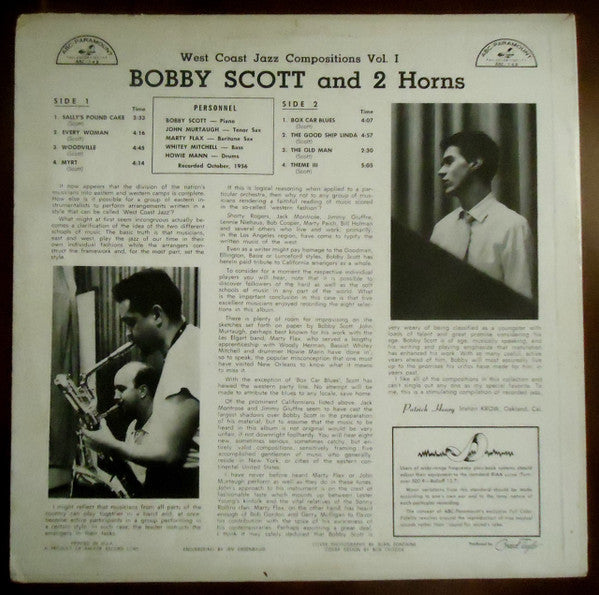 Bobby Scott : Bobby Scott And 2 Horns - West Coast Jazz Compositions, Vol. 1 (LP, Mono)