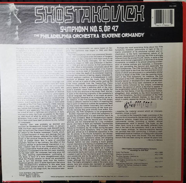 Shostakovich* - Eugene Ormandy, The Philadelphia Orchestra : Symphony No. 5 (LP, Album, RE)