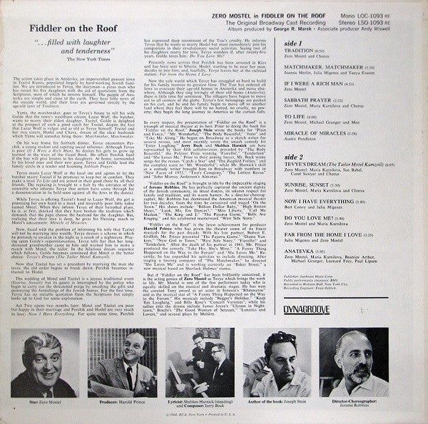 Original Broadway Cast* : Zero Mostel In Fiddler On The Roof (The Original Cast Recording) (LP, Album, RE, Hol)