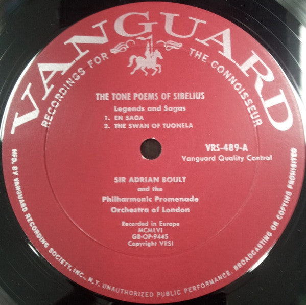 Sir Adrian Boult And The Philharmonic Promenade Orchestra Of London* : The Tone Poems Of Sibelius (Legends And Sagas Vol. 1) (LP, Mono)