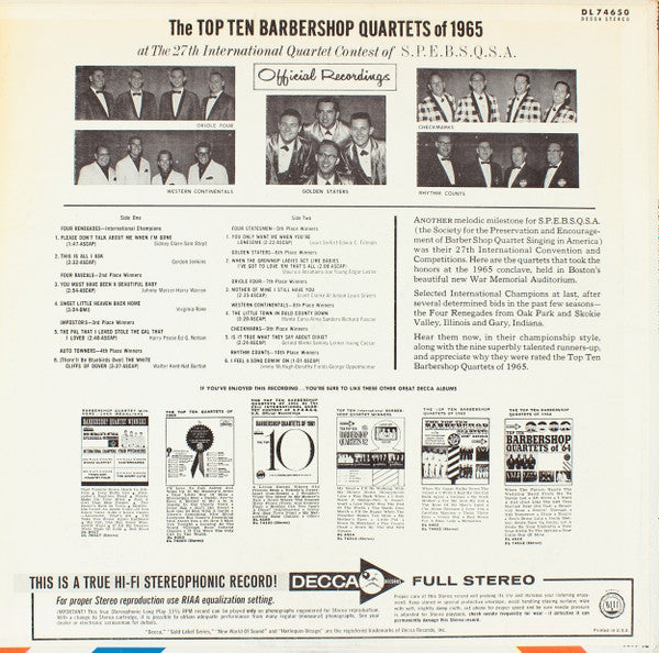 Various : The Top Ten Barbershop Quartets Of 1965 (LP, Album)