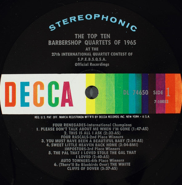 Various : The Top Ten Barbershop Quartets Of 1965 (LP, Album)