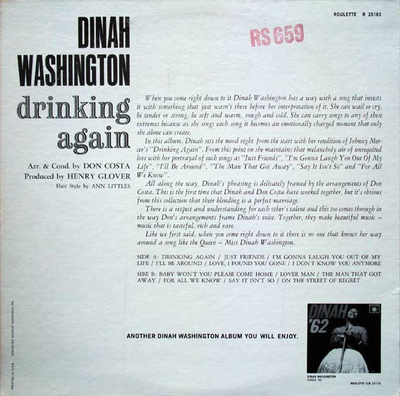 Dinah Washington : Drinking Again (LP, Album, Mono)