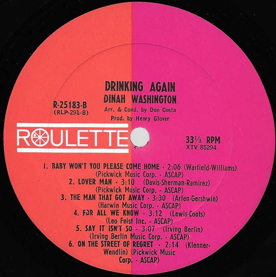 Dinah Washington : Drinking Again (LP, Album, Mono)