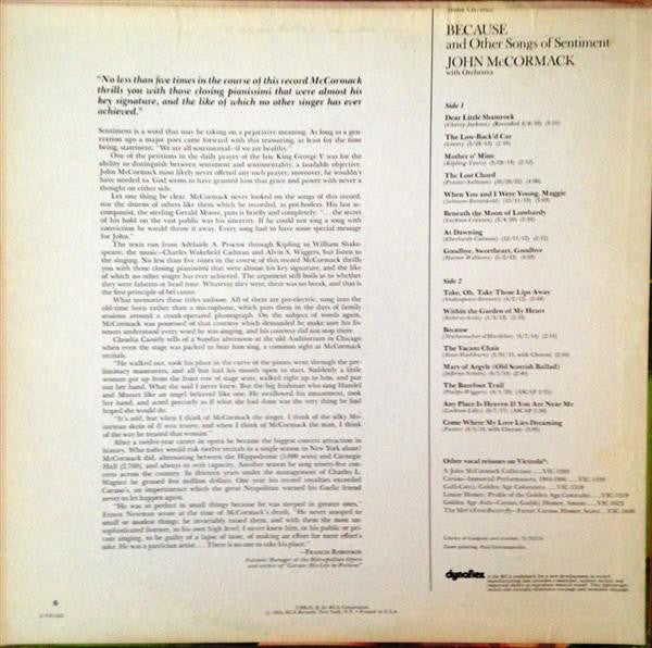 John McCormack (2) : Because And Other Songs Of Sentiment (LP, Comp)