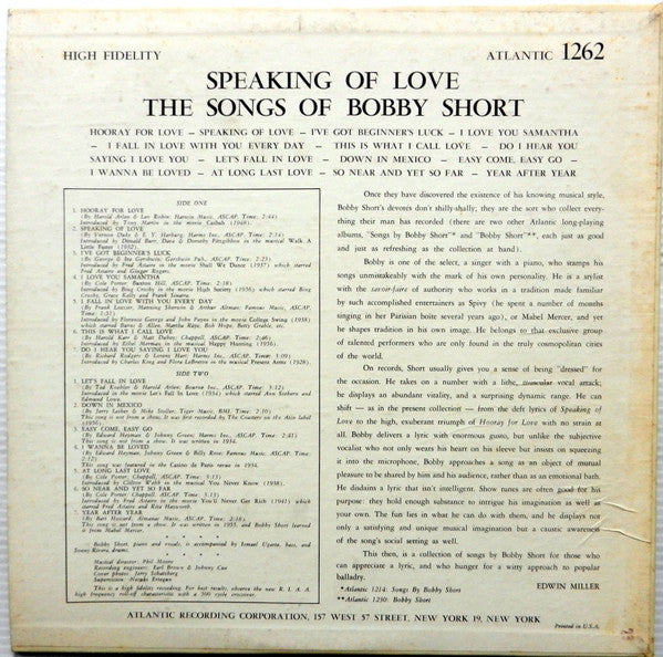 Bobby Short : Speaking of Love The Songs of Bobby Short (LP, Mono)