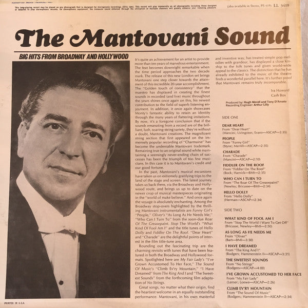 Mantovani And His Orchestra : The Mantovani Sound-Big Hits From Broadway And Hollywood (LP, Mono)