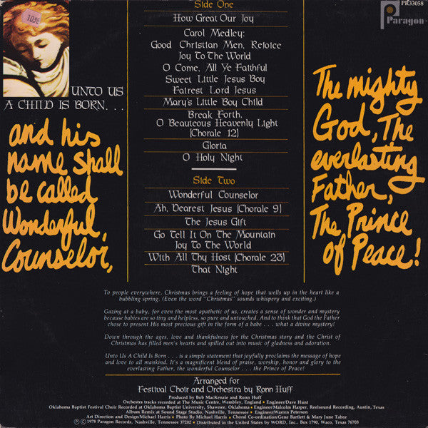 The Oklahoma Baptist Festival Choir Featuring The Singing Churchmen : Christmas Complete Volume One: Unto Us A Child Is Born (LP, Album)