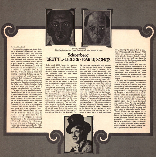 Marni Nixon, Leonard Stein : The Cabaret Songs Of Arnold Schoenberg (Brettl-Lieder, 1901) / Nine Early Songs (1893-1903) (LP, Album, Ind)