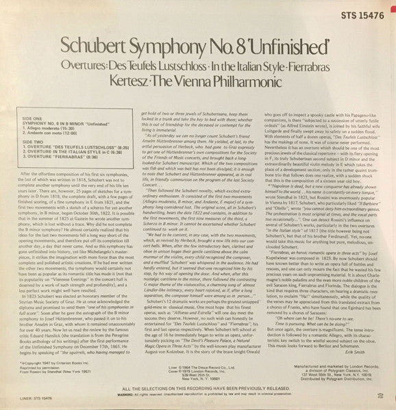 Schubert* - Kertesz*, The Vienna Philharmonic* : Symphony No. 8 "Unfinished" / Overtures: Des Teufels Lustschloss, In The Italian Style, Fierrabras (LP, Album, RE)