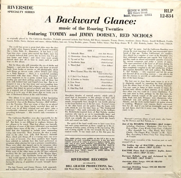 Tommy Dorsey, Jimmy Dorsey, California Ramblers : A Backward Glance (LP, Comp, Mono)
