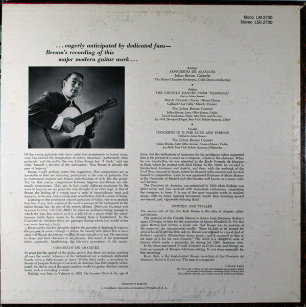 Julian Bream : Concierto De Aranjuez For Guitar And Orchestra / Concerto For Lute And Strings / The Courtly Dances From "Gloriana" (LP, Album)