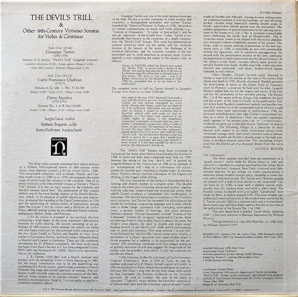 Tartini*, Chabran* & Nardini* - Barbara Bogatin, Sergiu Luca, James Richman : The Devil's Trill & Other 18th-Century Virtuoso Sonatas For Violin & Continuo (LP)