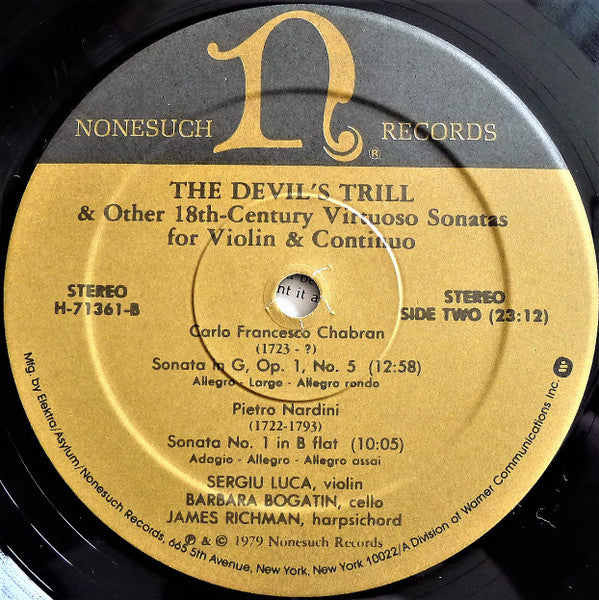 Tartini*, Chabran* & Nardini* - Barbara Bogatin, Sergiu Luca, James Richman : The Devil's Trill & Other 18th-Century Virtuoso Sonatas For Violin & Continuo (LP)