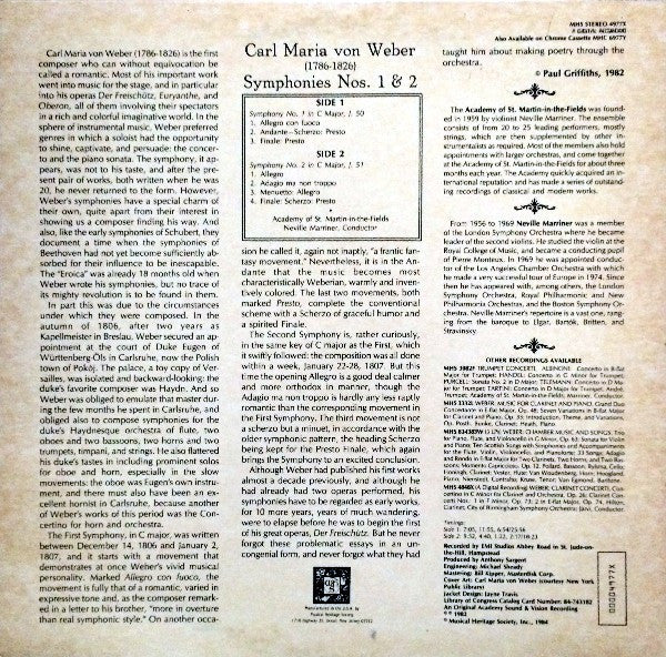 Carl Maria von Weber - Academy Of St-Martin-In-The Fields*, Neville Marriner* : Symphonies Nos. 1 & 2 (LP, Album, RE)