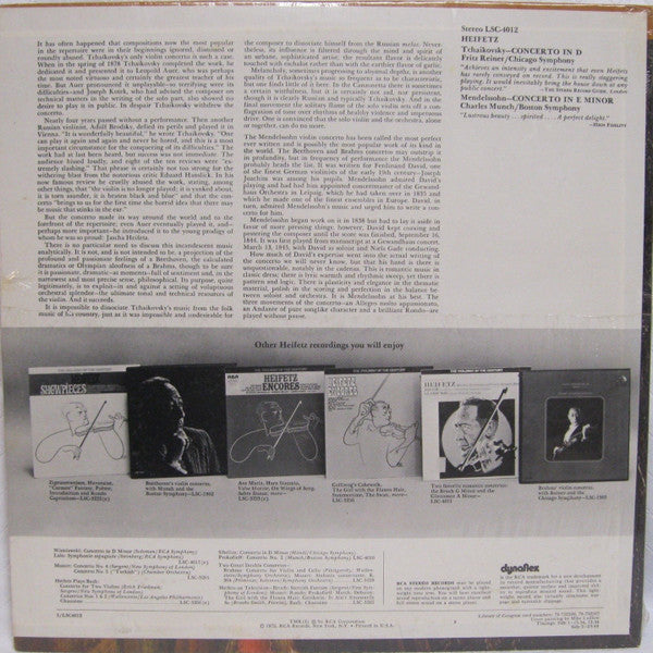 Heifetz* - Tchaikovsky* / Mendelssohn* - Reiner* / Chicago Symphony*, Munch* / Boston Symphony* :  Tchaikovsky Concerto / Mendelssohn Concerto (Matchless Performances Of Two Favorite Romantic Masterpieces) (LP, Comp)