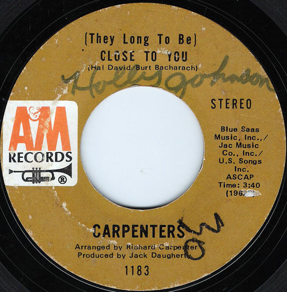 Carpenters : (They Long To Be) Close To You (7", Single, Styrene, Ter)
