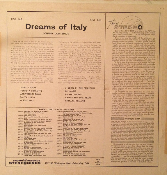 Johnny Cole : Dreams Of Italy (LP, Album, Red)