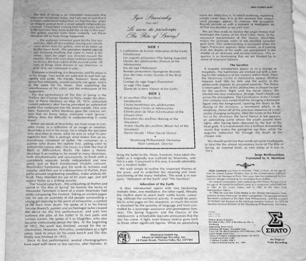 Igor Stravinsky - Strasbourg Philharmonic Orchestra*, Alain Lombard : Le Sacre Du Printemps (The Rite Of Spring) (LP, RE)