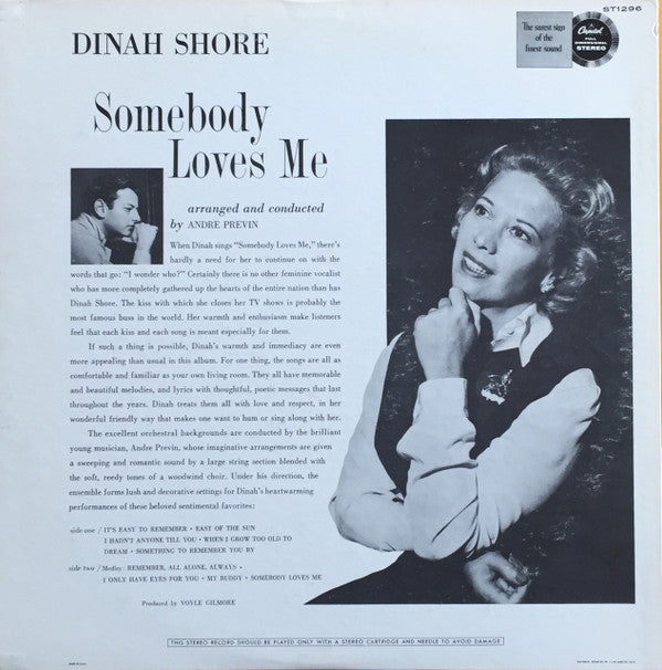 Dinah Shore, André Previn And His Orchestra : Somebody Loves Me (LP, Album, RP, Scr)