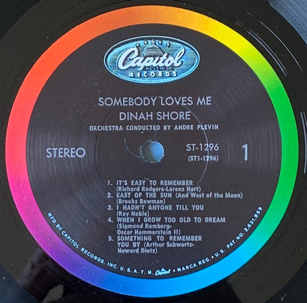 Dinah Shore, André Previn And His Orchestra : Somebody Loves Me (LP, Album, RP, Scr)