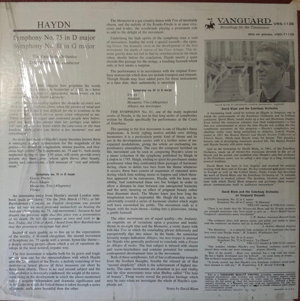 Joseph Haydn, The Esterhazy Orchestra, David Blum (2) : Symphonies N°75 & N°81 (LP)