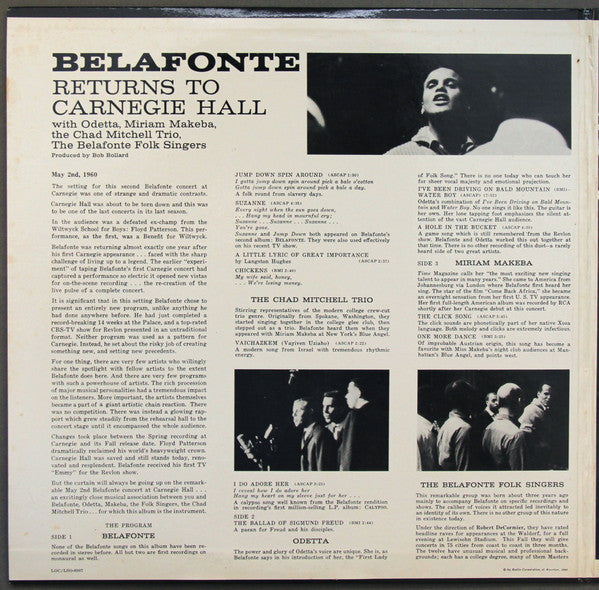 Harry Belafonte With Odetta, Miriam Makeba, The Chad Mitchell Trio And The Belafonte Folk Singers Conducted By Robert DeCormier : Belafonte Returns To Carnegie Hall (2xLP, Album, Mono, Roc)