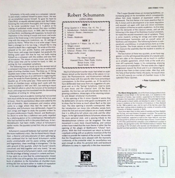 Robert Schumann, The Alberni Quartet : String Quartets, Op. 41, Nos. 1 And 2 (LP)