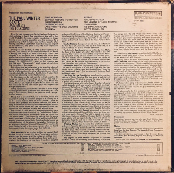 The Paul Winter Sextet : Jazz Meets The Folk Song (LP, Album, RE)