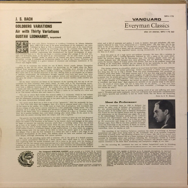 Gustav Leonhardt, Johann Sebastian Bach : Goldberg Variations - Aria With Thirty Variations (LP, Mono)