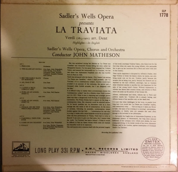 Sadler's Wells Opera Company : Sadler's Wells Opera Presents La Traviata (LP, Mono)