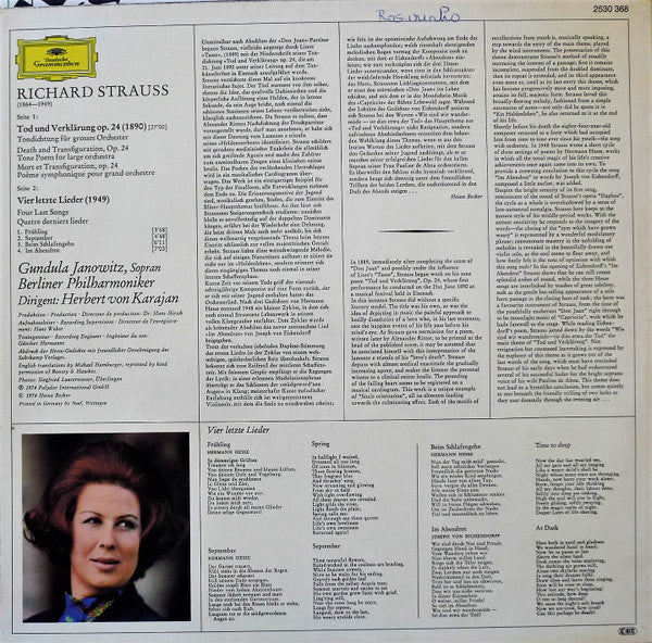 Richard Strauss - Gundula Janowitz • Berliner Philharmoniker • Herbert von Karajan : Tod Und Verklärung • Vier Letzte Lieder (LP)